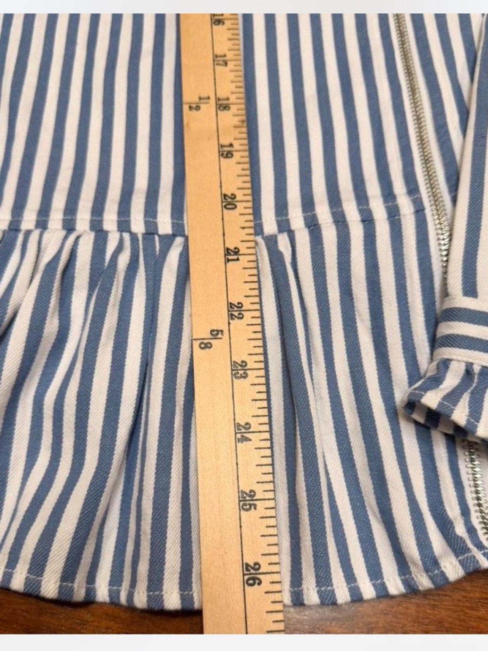 D&Co. Striped Zip-Front Peplum denim jacket in Blue and White - Picture 5 of 7